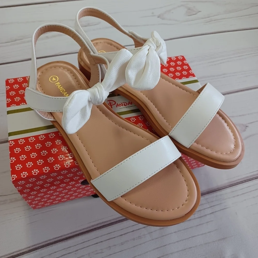 PANDANINJA Ella Big Kids Girls White Size 4 Bow Dressy Neutral Sandal Shoes NWT
